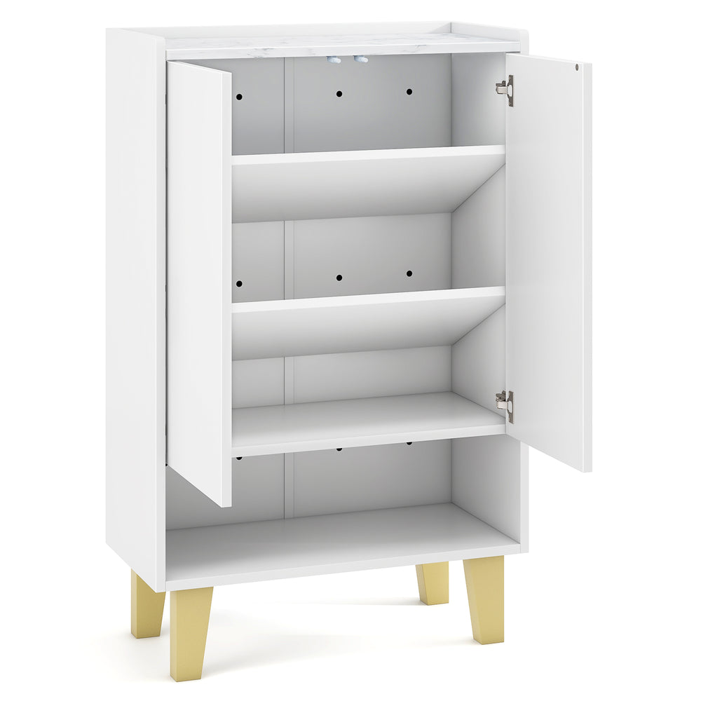 5-tier shoe cabinet in white with faux marble countertop and flat tilting shelves, ideal for entryway or living room.