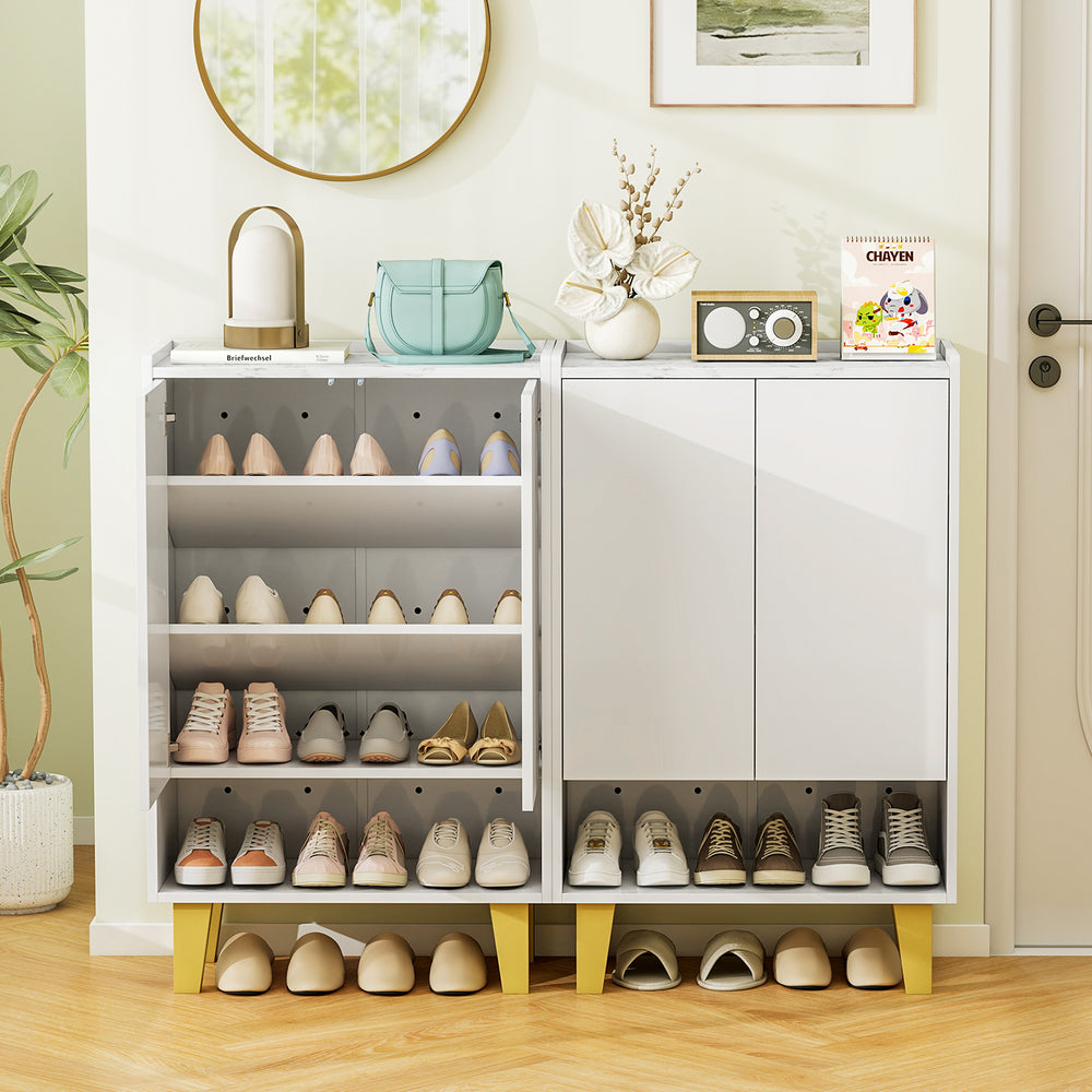 5-tier shoe cabinet with faux marble countertop, open shelves, and enclosed storage, ideal for entryway organization.