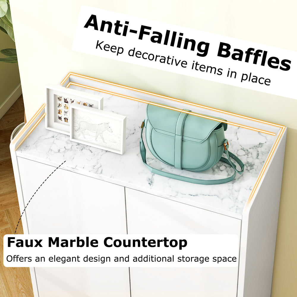 5-tier shoe cabinet with faux marble countertop, anti-falling baffles, and ample storage for entryway or living room.