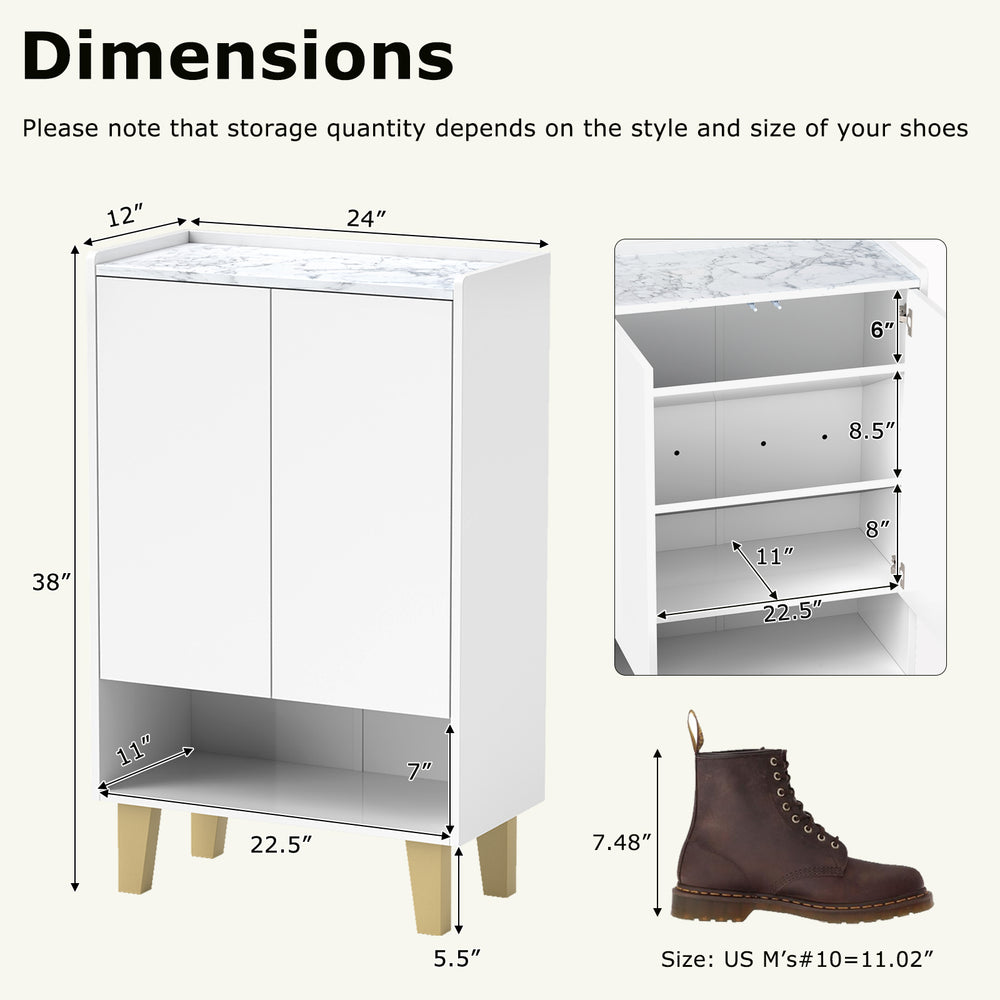 5-tier shoe cabinet in white with faux marble countertop, featuring adjustable shelves and anti-tipping design for.