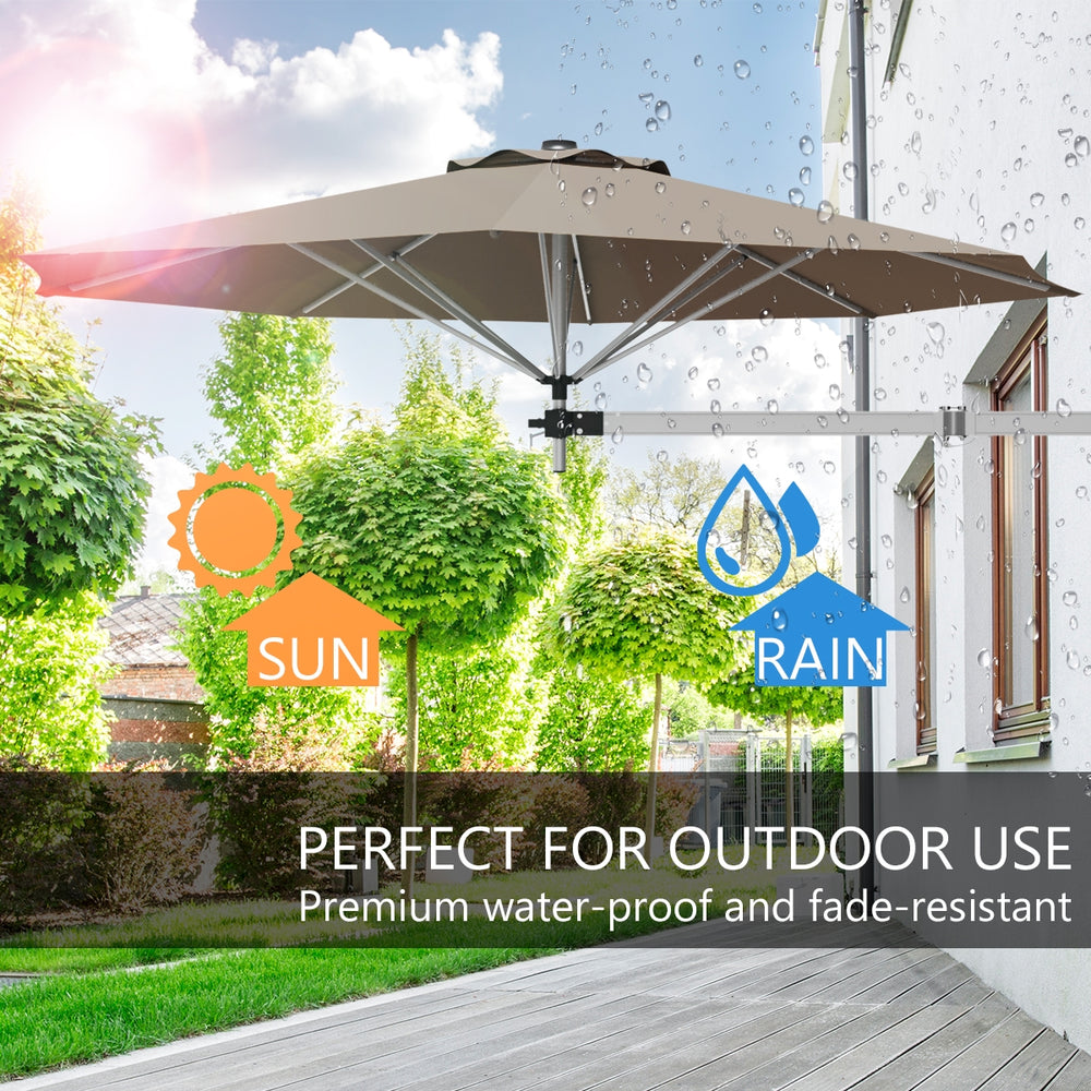 8ft wall-mounted telescopic folding umbrella in tan with adjustable angle, perfect for outdoor sun protection and.