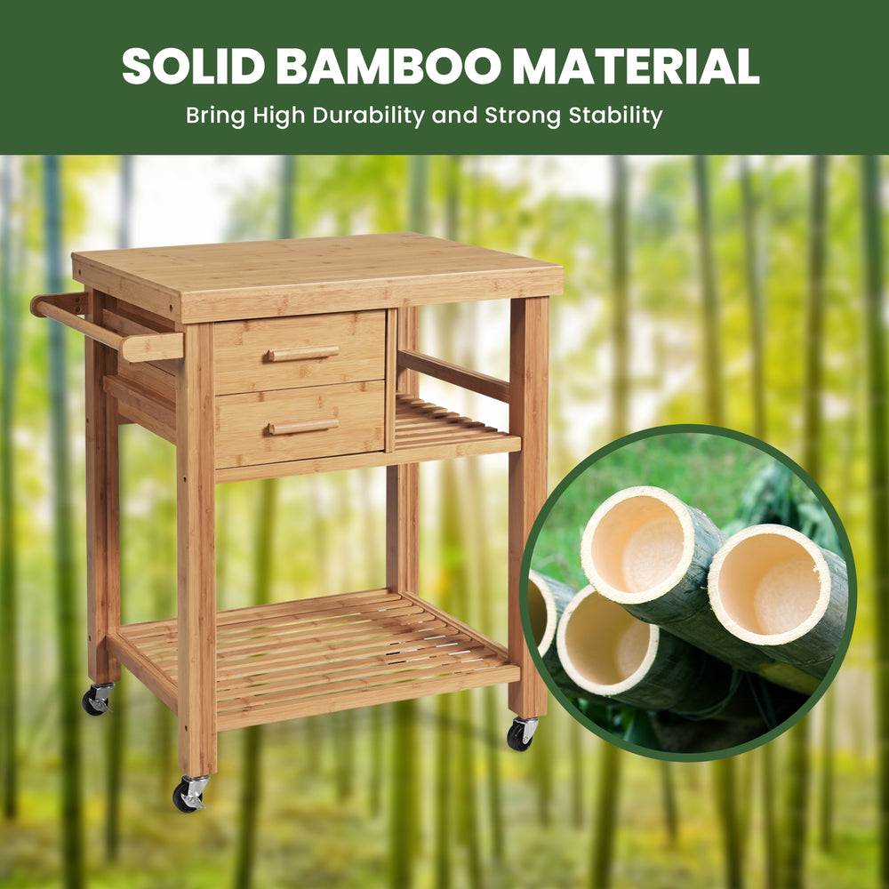 Bamboo kitchen trolley cart with two drawers, open shelves, and lockable casters for easy mobility and storage.