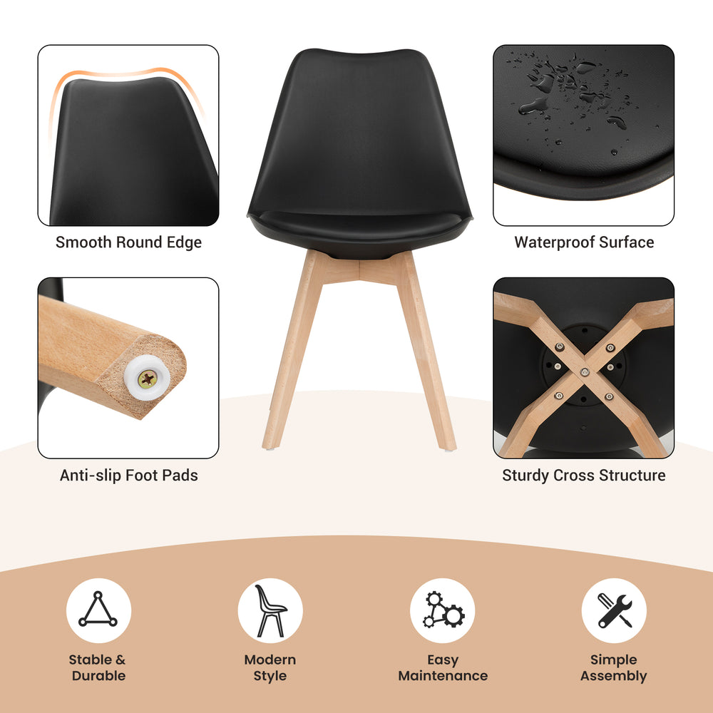 Mid-century modern dining chair set of 4 with black PU seat and sturdy beech wood legs, perfect for kitchen gatherings.