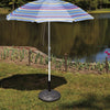 Heavy duty 22-inch round umbrella base stand with decorative bronze finish, securely holding an umbrella by the lake.