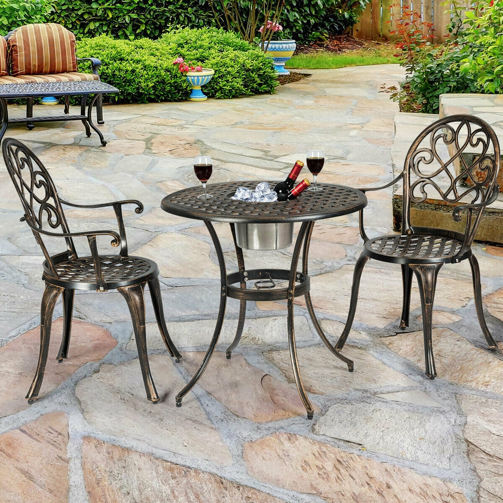 3-piece outdoor bistro set in antique bronze finish with removable ice bucket, perfect for garden or patio relaxation.