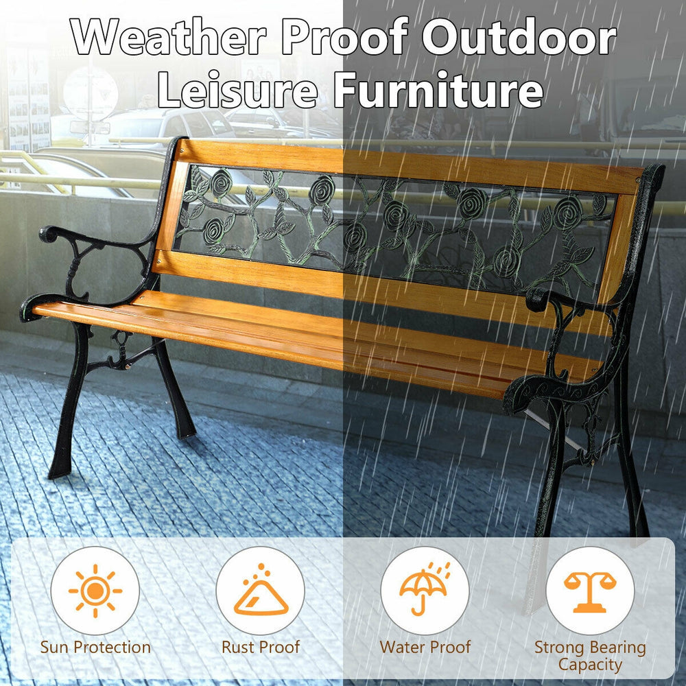 Patio park garden bench with solid wood seat, iron cast structure, and strong load-bearing capacity for outdoor use.