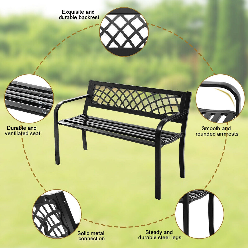 Black steel frame bench with PVC backrest mesh, sturdy design for outdoor seating, ideal for patios and gardens.
