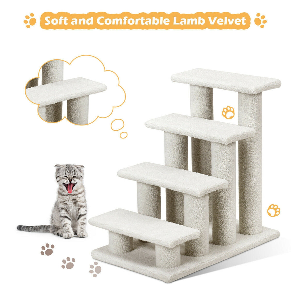 4-step beige pet stairs with soft fleece, ideal for cats to scratch, climb, and relax in hard-to-reach areas.