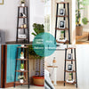 4-tier corner shelf in black metal and chipboard, ideal for living room, study, or balcony storage and decoration.