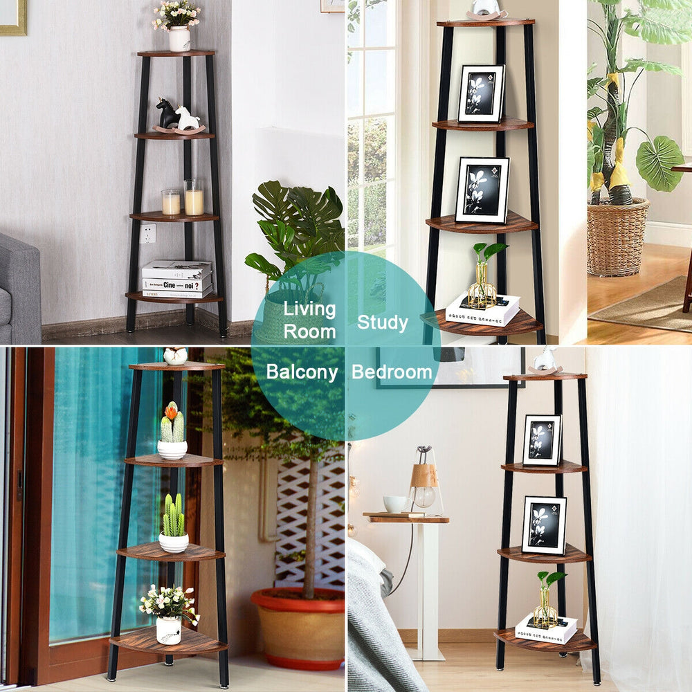 4-tier corner shelf in black metal and chipboard, ideal for living room, study, or balcony storage and decoration.