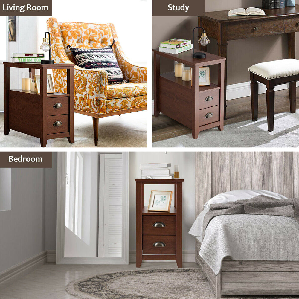 Stylish brown end table with a spacious tabletop, featuring two drawers and a shelf for versatile storage in any room.