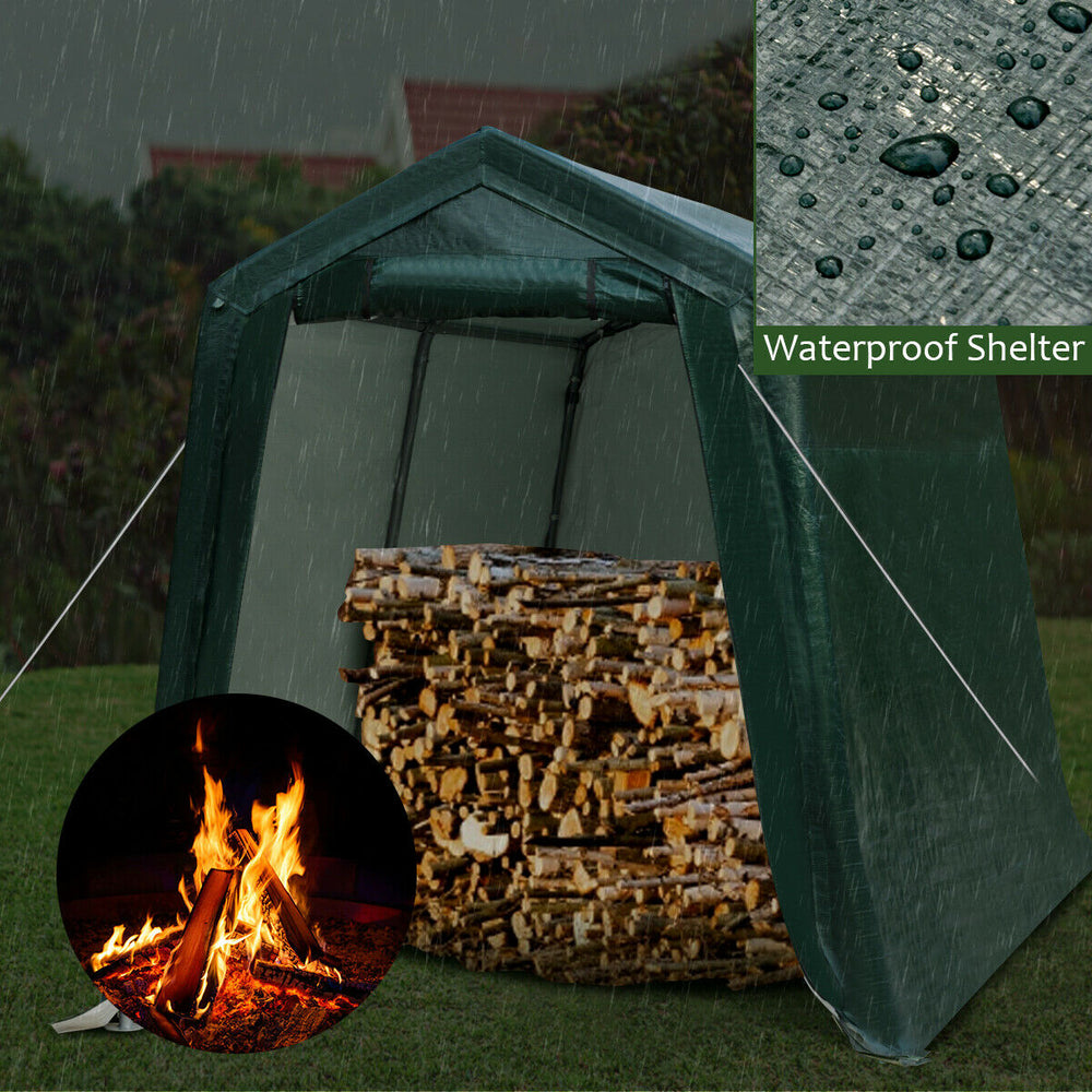 Outdoor carport shed with waterproof PE cover, sturdy steel frame, ideal for storing firewood and tools.