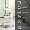 3-tier white metal rolling cart with casters, ideal for kitchen or bathroom storage, featuring high basket fences for.