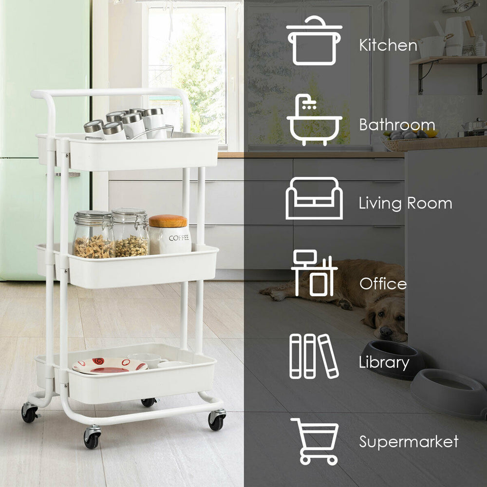 3-tier white metal rolling cart with casters, ideal for kitchen or bathroom storage, featuring high basket fences for.