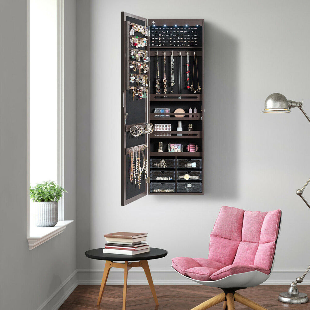 Jewelry armoire with 5 LED lights, full-length mirror, and organized storage, wall-mounted in a stylish room setting.