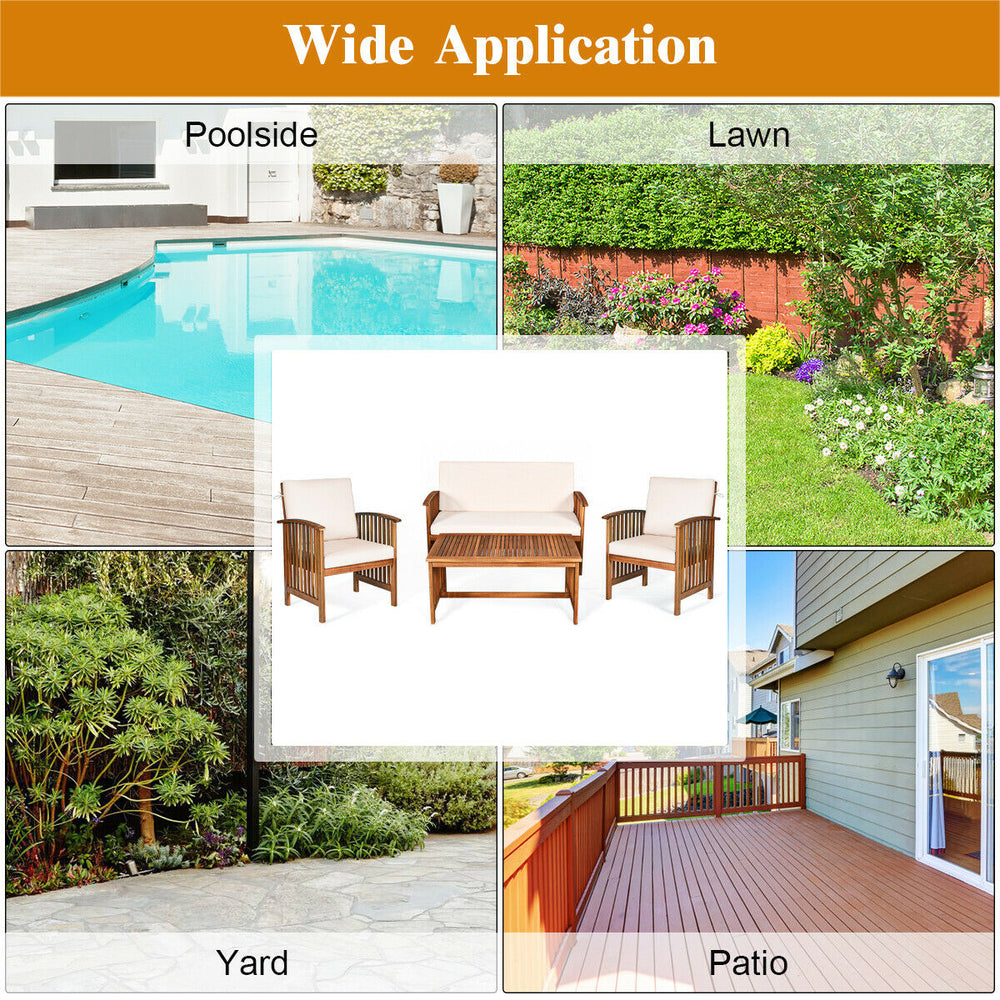 4-piece patio furniture set featuring acacia wood frame and beige cushions, ideal for poolside or garden relaxation.