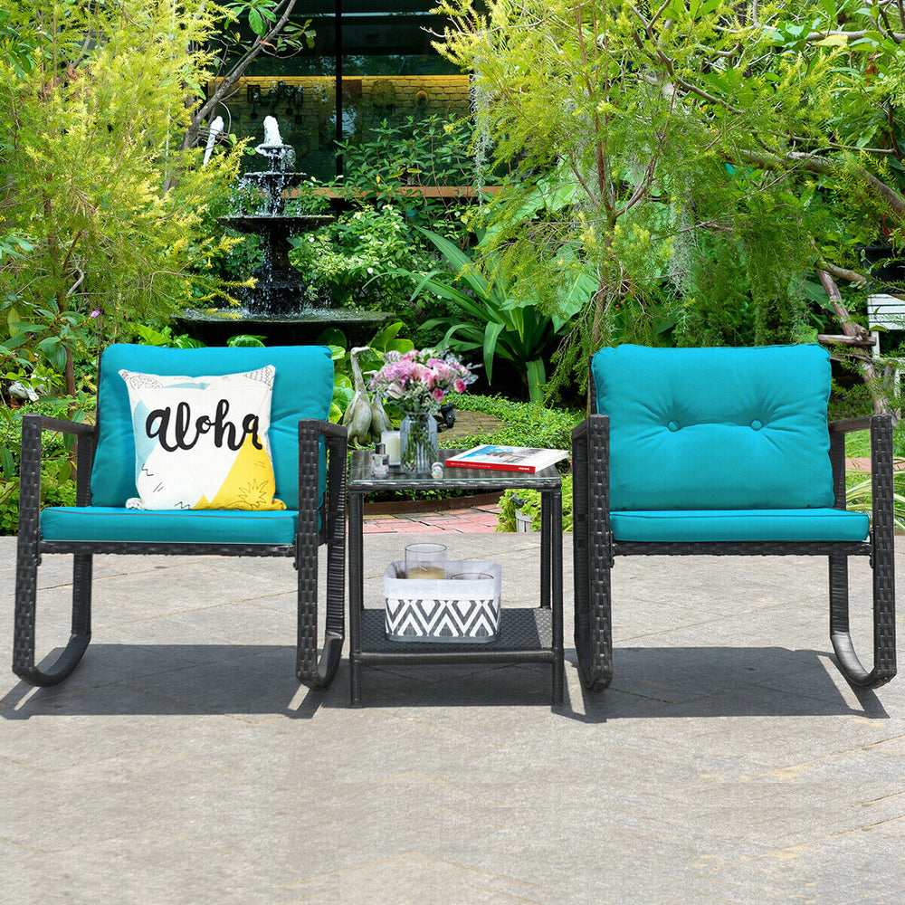 3 Pcs Wicker Rocking Bistro Set with Glass Coffee Table and Storage Shelf-Blue - Gallery View 1 of 10