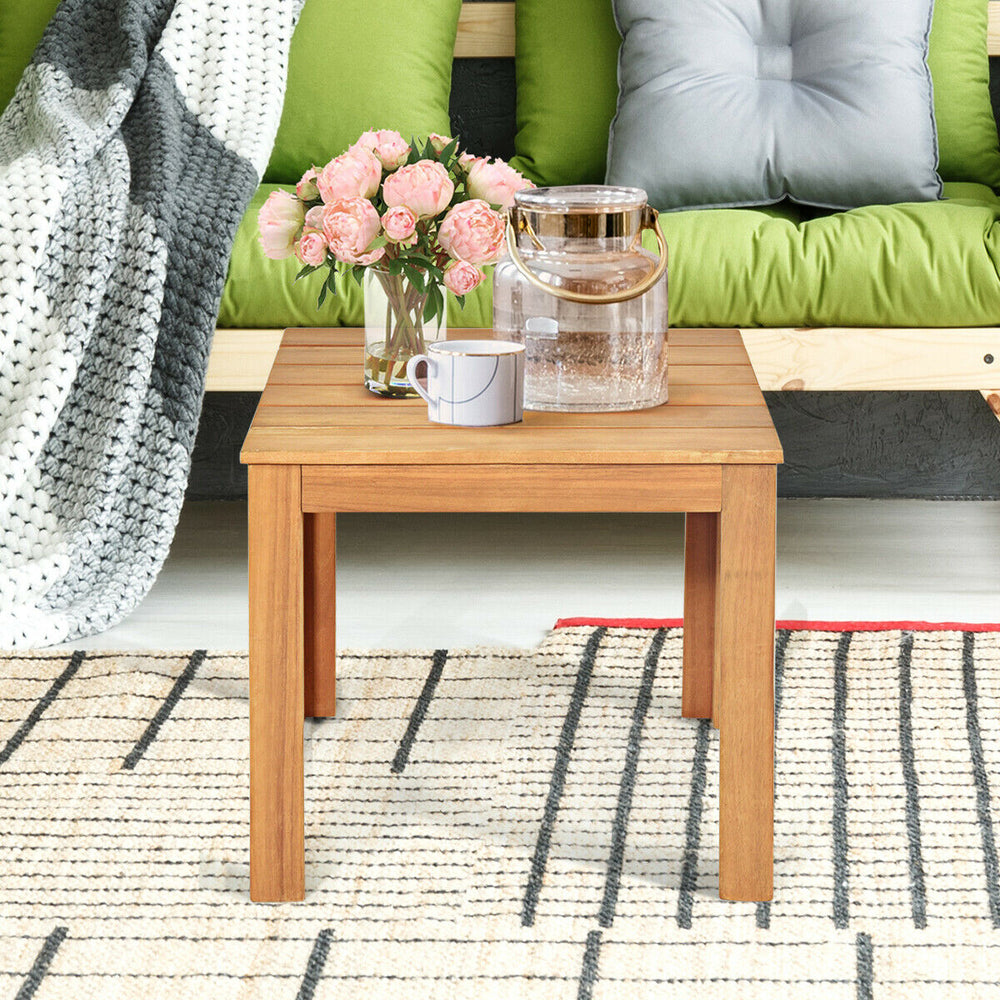 Wooden square patio coffee bistro table in natural acacia wood, waterproof and scratch-resistant, perfect for outdoor.