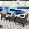Outdoor patio rattan conversation set with beige cushions, featuring a tempered glass table, perfect for backyard.