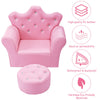 Pink kids sofa with armrests and matching ottoman, made of high-quality PU leather, perfect for playrooms and reading.