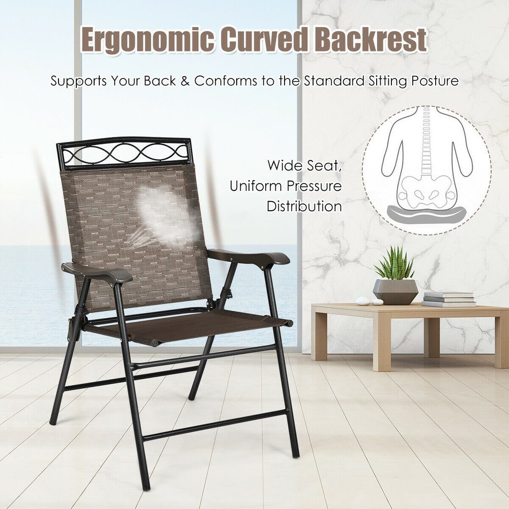 Folding patio chair with ergonomic curved backrest and breathable fabric, perfect for outdoor activities and family.