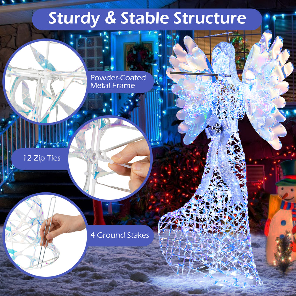 3D glittering halo angel Christmas decoration with 250 cool white lights, metal frame, and ground stakes for stability.
