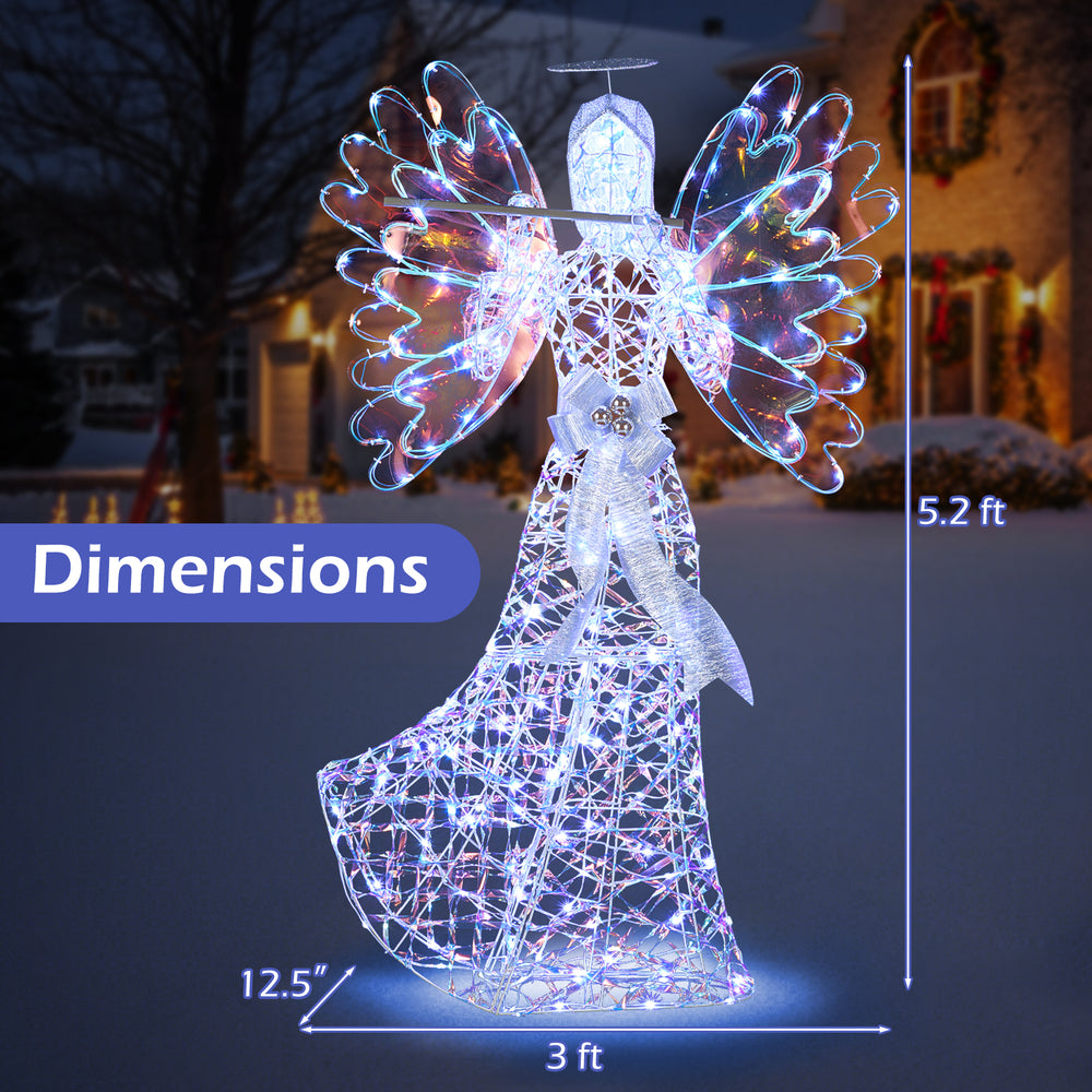 Lighted 5.2 FT angel Christmas decoration with 250 cool white lights, featuring a glittering halo and flute, for.