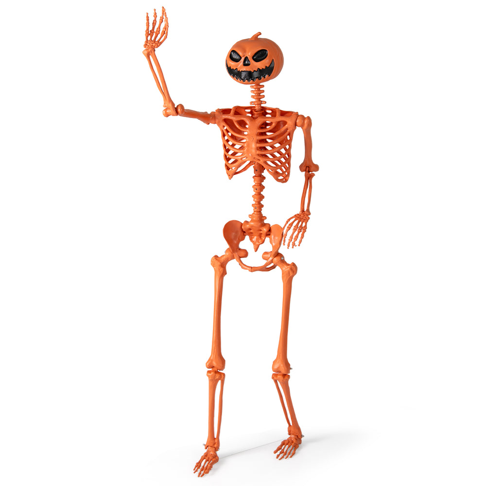 Life-size 5.2 FT orange Halloween skeleton with pumpkin head, movable joints, perfect for indoor or outdoor decorations.