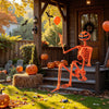 Life-size 5.2 FT orange poseable Halloween skeleton with pumpkin head, perfect for outdoor Halloween decorations.