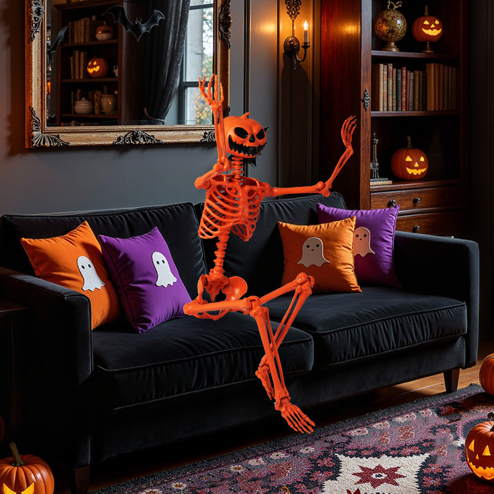 Life-size 5.2 FT orange poseable Halloween skeleton with pumpkin head, perfect for indoor or outdoor decorations.