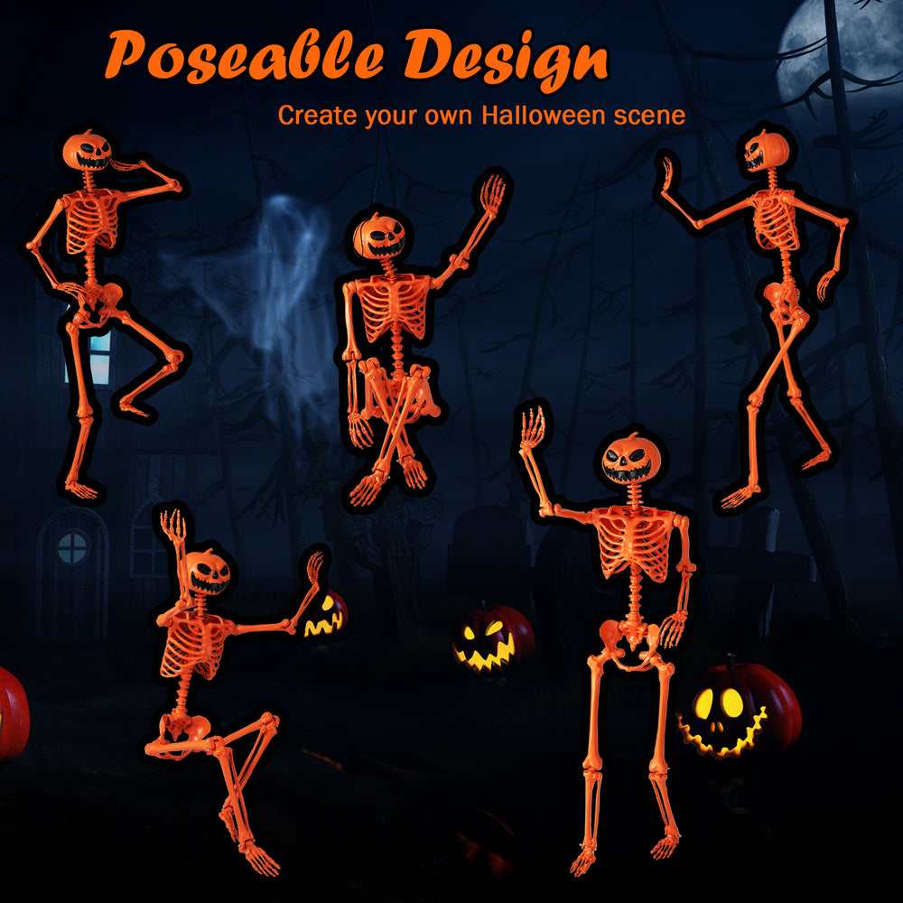 Poseable 5.2 FT orange Halloween skeleton with pumpkin head, showcasing a fun pose for creative Halloween scenes.