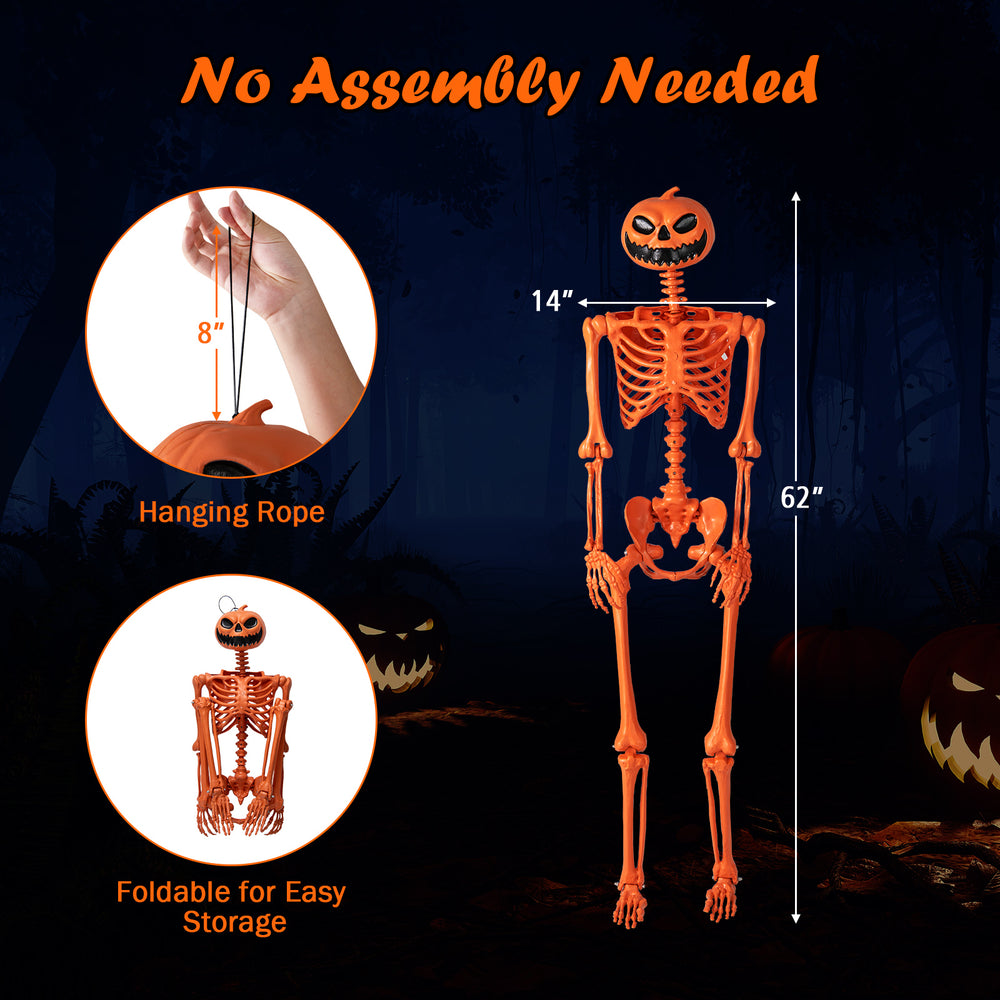 5.2 FT orange life-size poseable Halloween skeleton with pumpkin head, movable joints, perfect for indoor or outdoor.