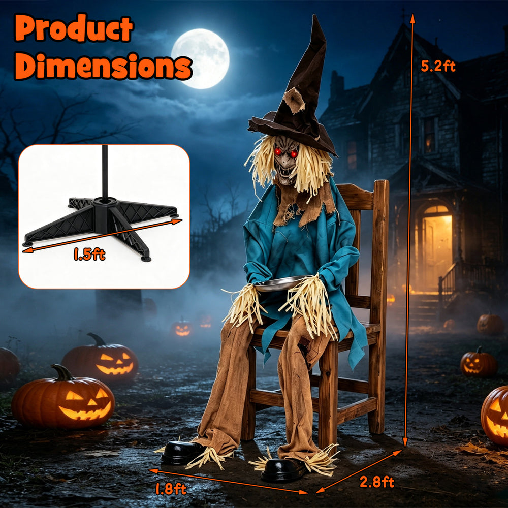 5.2 ft Halloween animatronic scarecrow showcasing product dimensions with eerie light effects for immersive spooky decor.