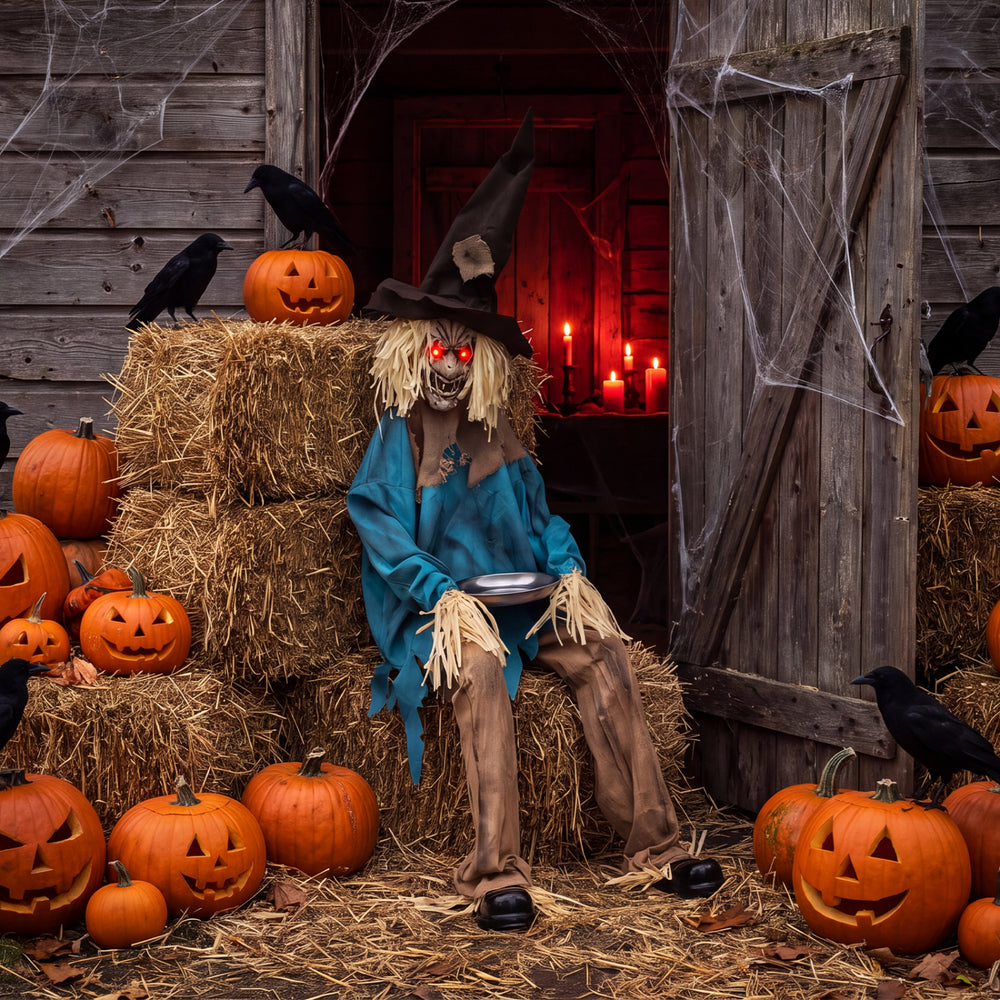 5.2 ft Halloween animatronic scarecrow with glowing red eyes, tattered clothes, and a stainless steel candy tray for spooky displays.