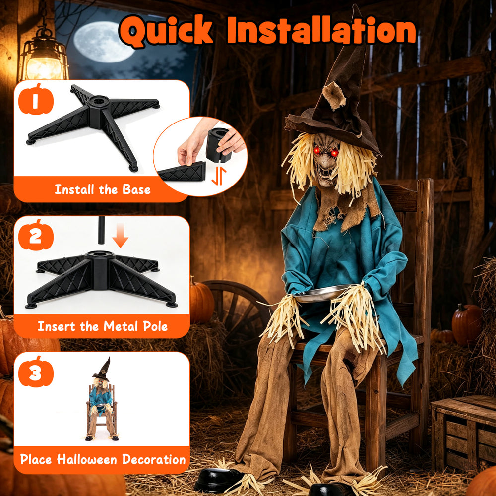 5.2 ft Halloween animatronic scarecrow decoration with glowing red eyes and moving head for spooky outdoor displays.
