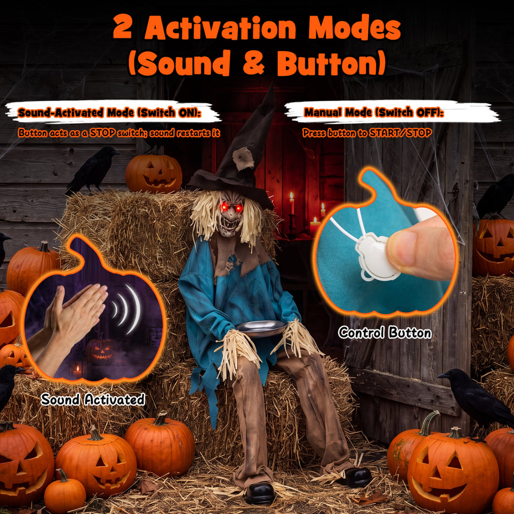 5.2 ft Halloween animatronic scarecrow with glowing red eyes, sound-activated mode, and manual control for spooky displays.