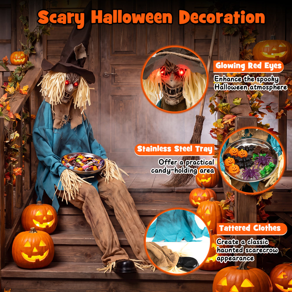 5.2 ft Halloween animatronic scarecrow with glowing red eyes and tattered clothes, perfect for spooky outdoor displays.