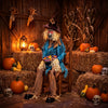 5.2 ft Halloween animatronic scarecrow with glowing red eyes, tattered clothes, and a candy tray for spooky decorations.