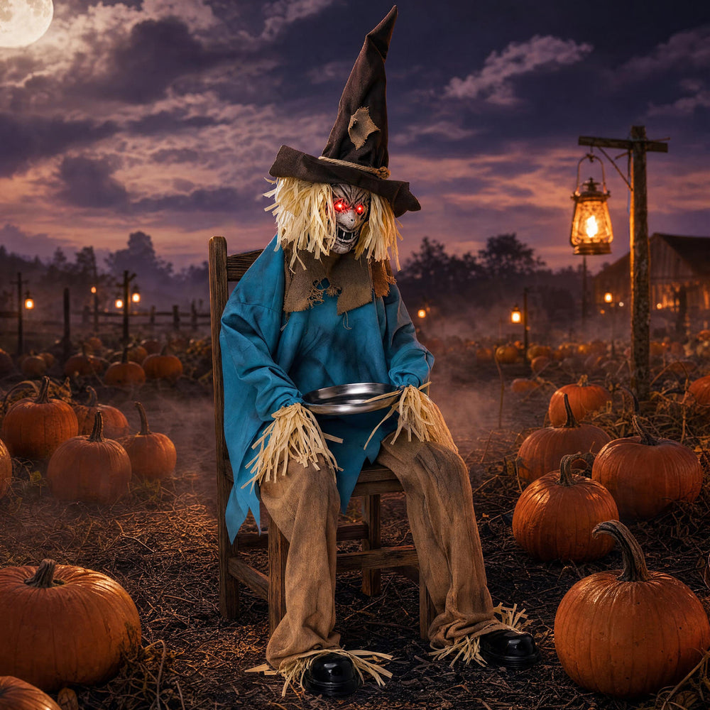5.2 ft Halloween animatronic scarecrow with glowing red eyes, tattered clothes, and sound-activated features for spooky displays.