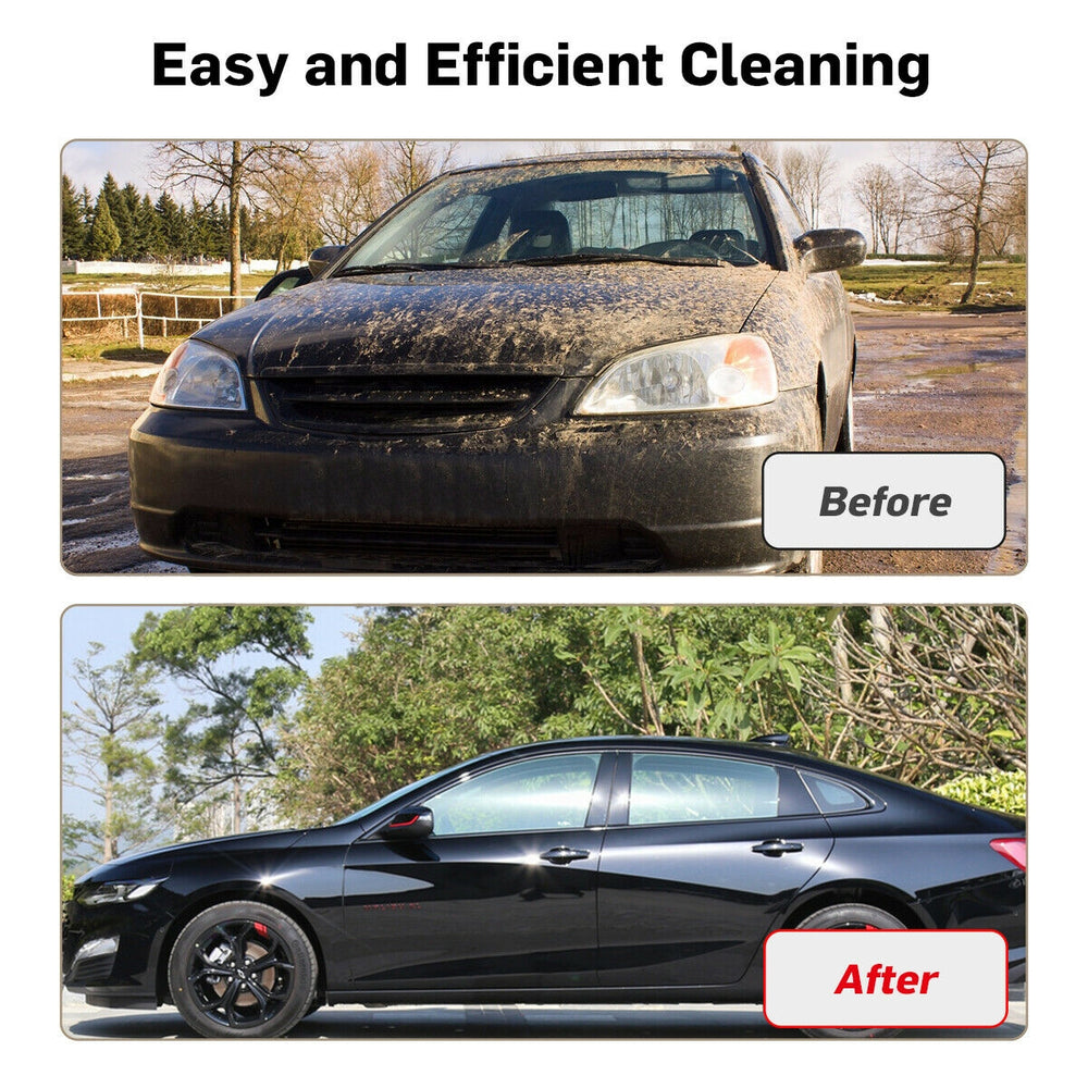 Before and after images showcasing the effectiveness of the 3000 PSI electric high pressure washer on a dirty car.