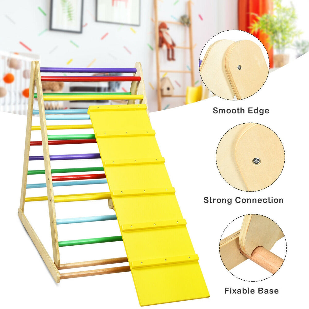 Foldable wooden climbing triangle with a yellow slide, sturdy design, ASTM certified for kids' safety and sports.