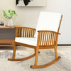 Acacia wood rocking chair with detachable washable cushions in teak color, perfect for patio or garden relaxation.