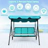 Three-person patio swing bench chair with blue canopy, durable steel frame, perfect for outdoor relaxation.