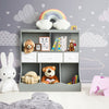 Freestanding gray cubby storage organizer with three baskets, perfect for children's toys and books in a playful.