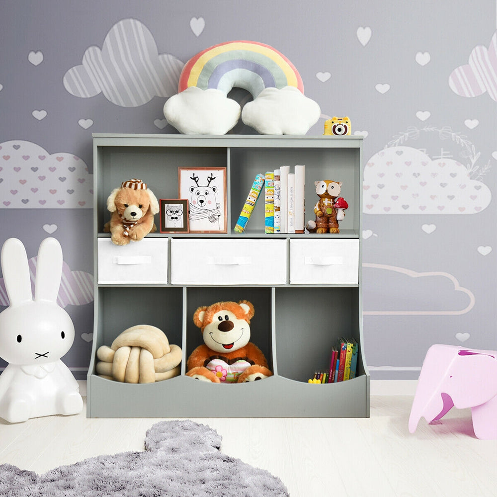 Freestanding gray cubby storage organizer with three baskets, perfect for children's toys and books in a playful.