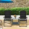 Two black outdoor folding patio chairs with adjustable backrests, perfect for bistro or backyard relaxation.