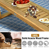 52-inch acacia wood dining bench with slatted seat, natural teak color, waterproof and durable for outdoor use.
