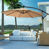 10 ft solar-powered LED patio offset umbrella in beige, featuring 32 lights and 360° rotation for optimal shade.