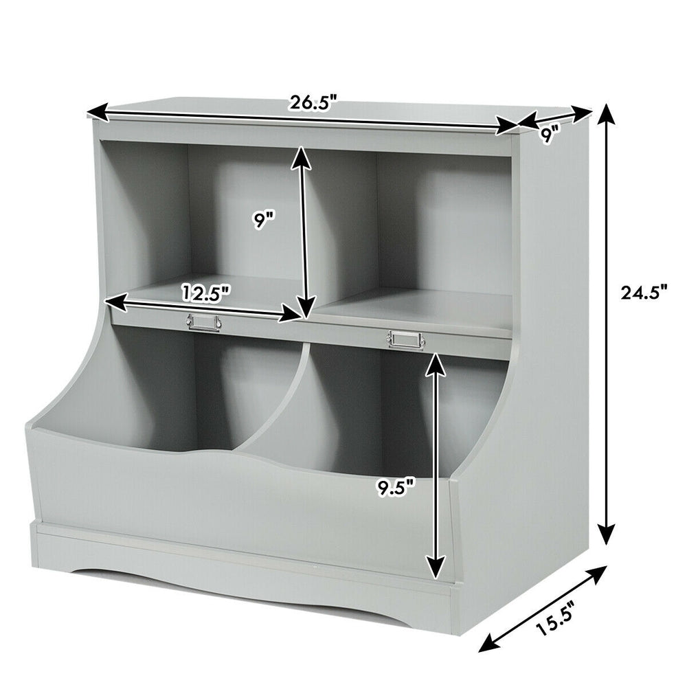 Kids floor cabinet in gray with 2 cubbies and 2 bins, made of MDF, perfect for organizing toys and books.