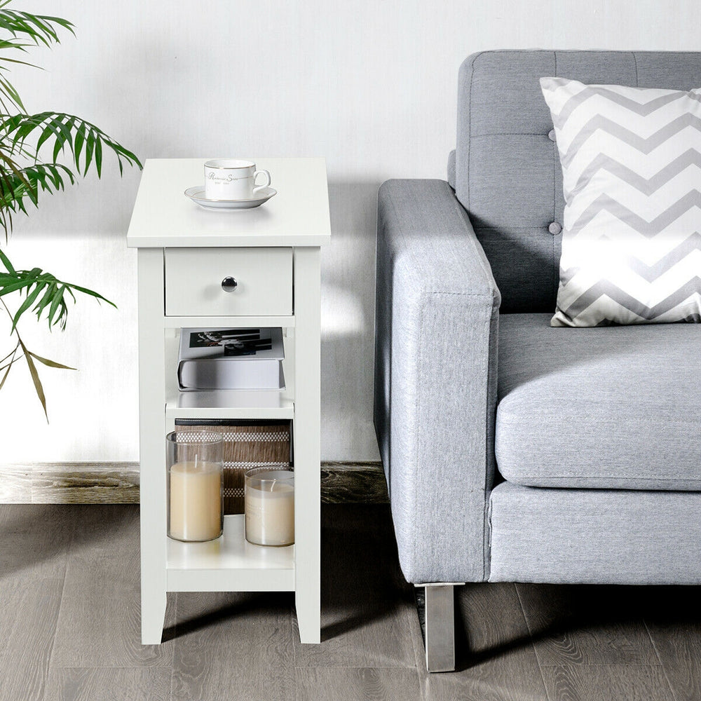 White 3-tier nightstand with drawer and open shelves, ideal for bedside or living room storage and easy access.